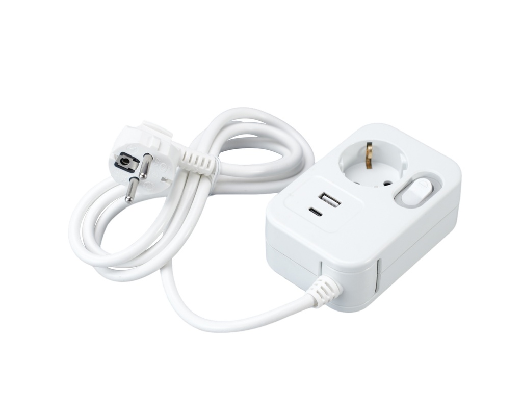 Jatkojohto 1-os 1,4 m USB-A+C valokytkimellä (pöytämalli)