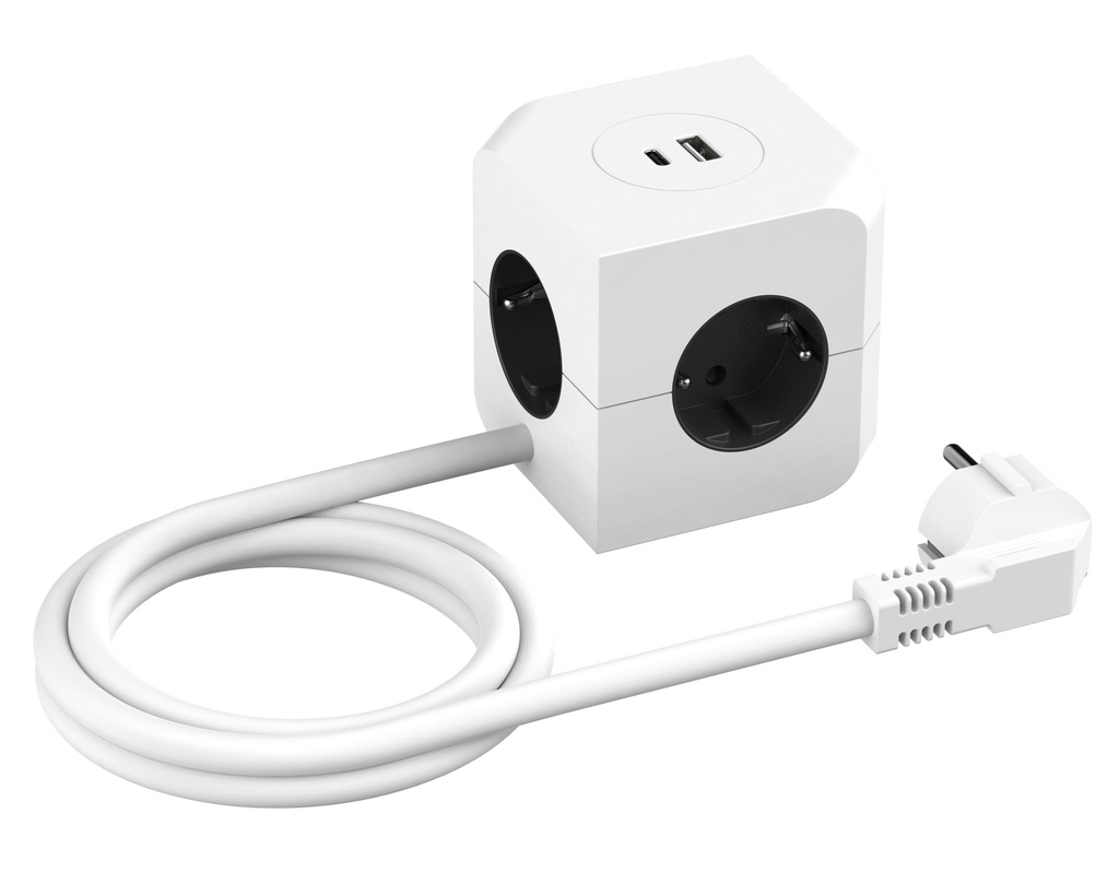 Jatkojohto 4-osainen 1,4 m USB-A+C valokytkimellä kuutio