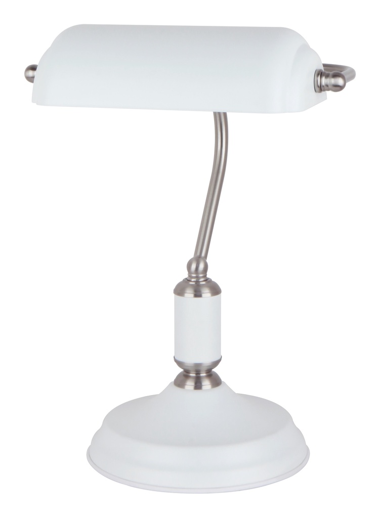 Pöytävalaisin PANKKIIRI E27 valkoinen/harjattu nikkeli