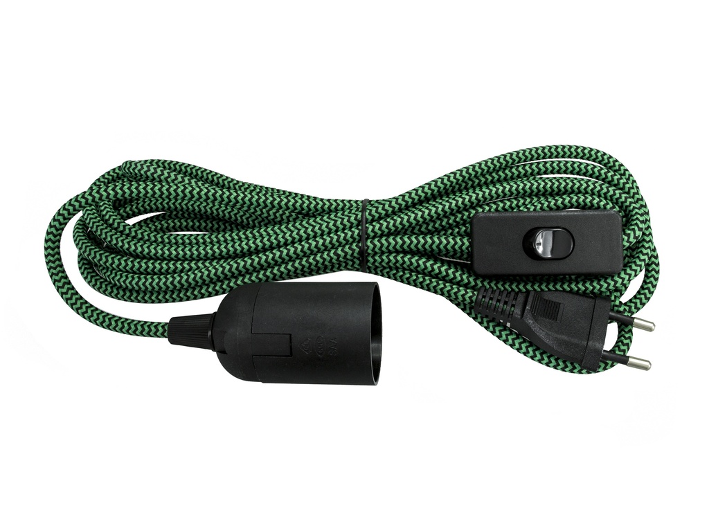 Välikytkinjohto E27 musta/vihreä 1,5m+3,5m kangaspäällysteinen